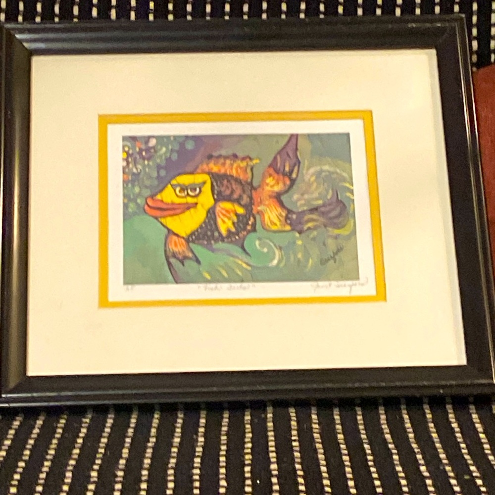 JANET SEARFOSS “fish tails” signed art print in frame 14-1/2” x 13”